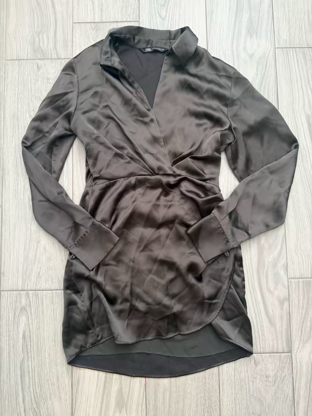 Zara Black Satin Wrap-Front Long Sleeve Dress